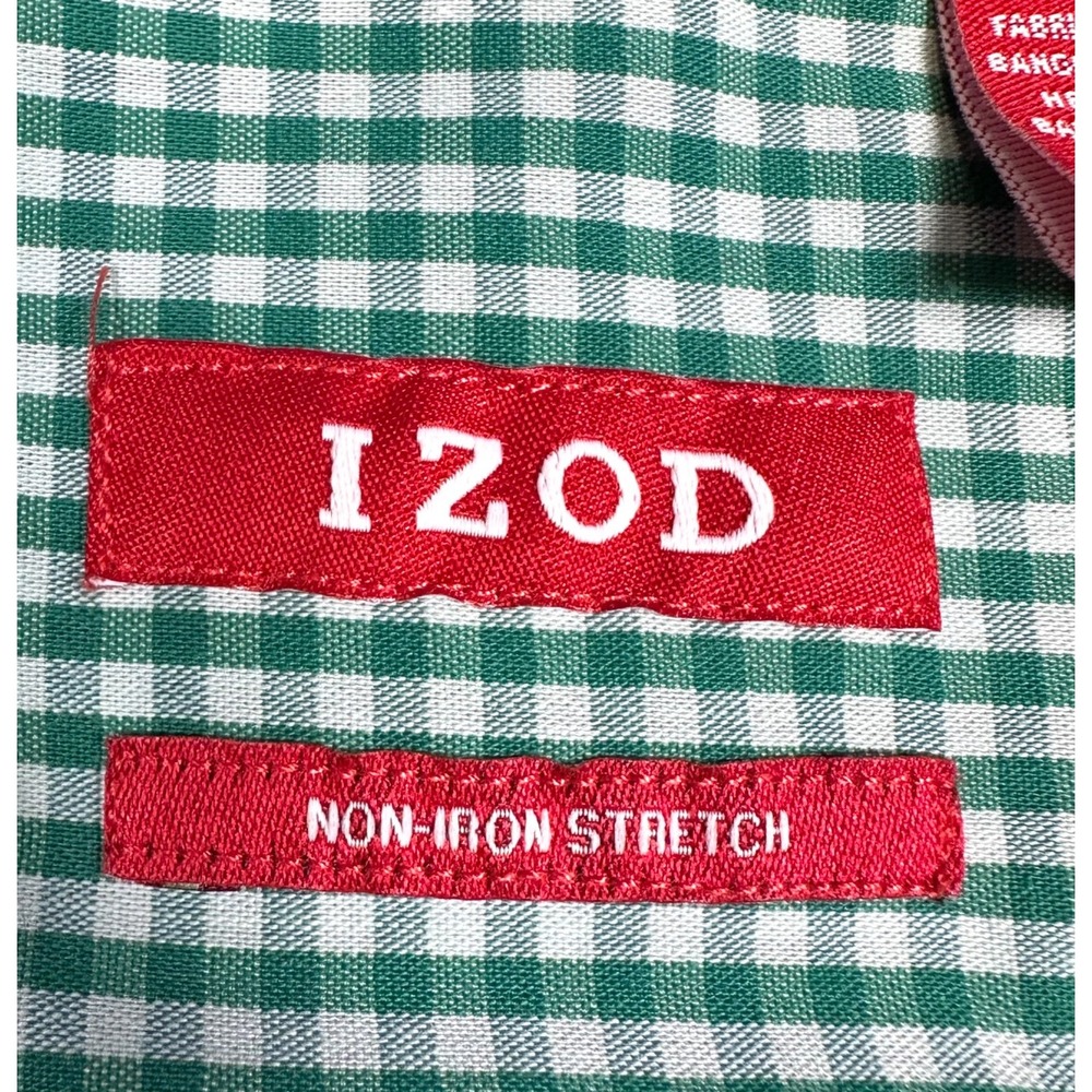 IZOD Green & White Gingham Check Non-Iron Stretch Button Down Shirt Men's Large - Picture 7 of 11